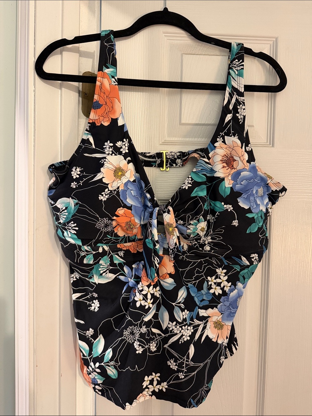 Floral Tie-Front Women’s One-Piece Swimsuit in Black with Blue & Peach Blooms